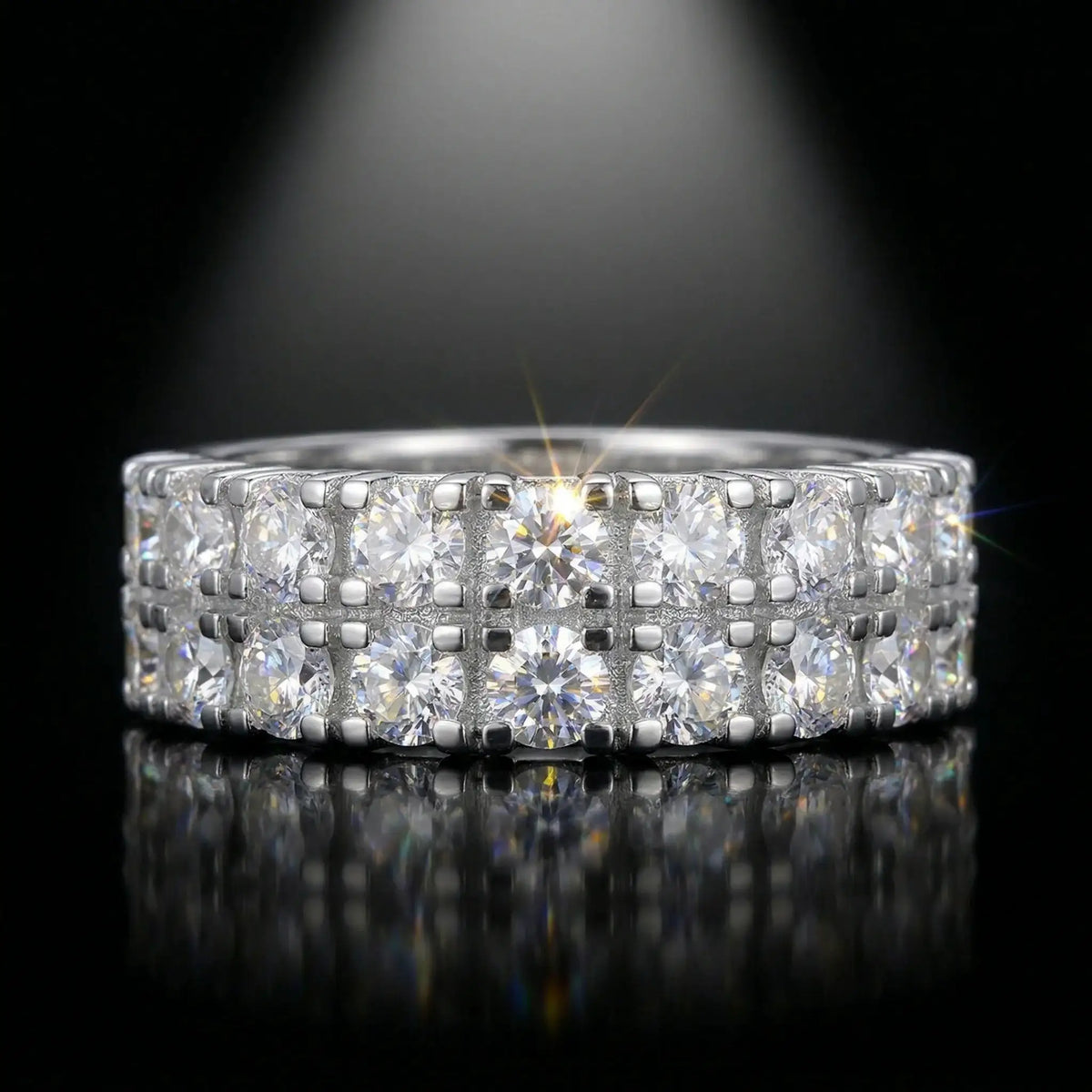 Moissanite Ring in Sterling Silver Double Pave Setting — product view 1