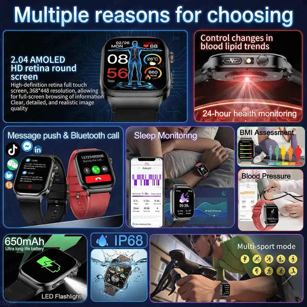 2026 New Hospital Level Health Smart Watch Body Fat ECG Blood oxygen BP Health AMOLED Screen HD Call Sport Smart Watches For Man