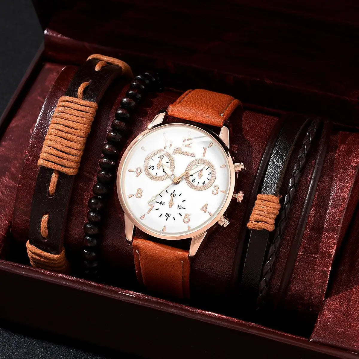 Luxury Mens Leather Watch Set Four Piece For Elegant Style