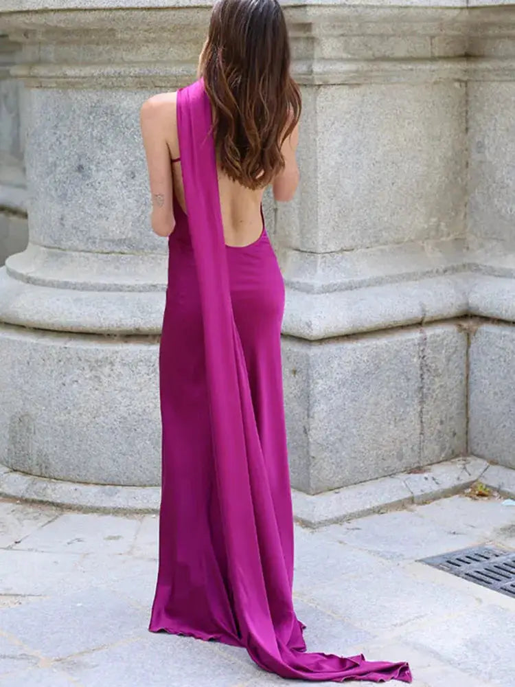 Elegant Women's Ribbon Long Satin Party Dress Halter Backless Sleeveless Female Dresses 2025 Summer Lady Solid Evening Gowns
