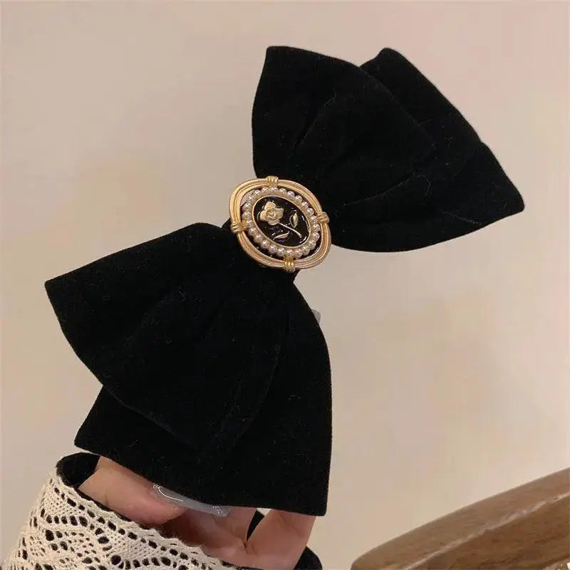 Velvet Bow Hair Pins With Alloy Rose Accents For Elegance