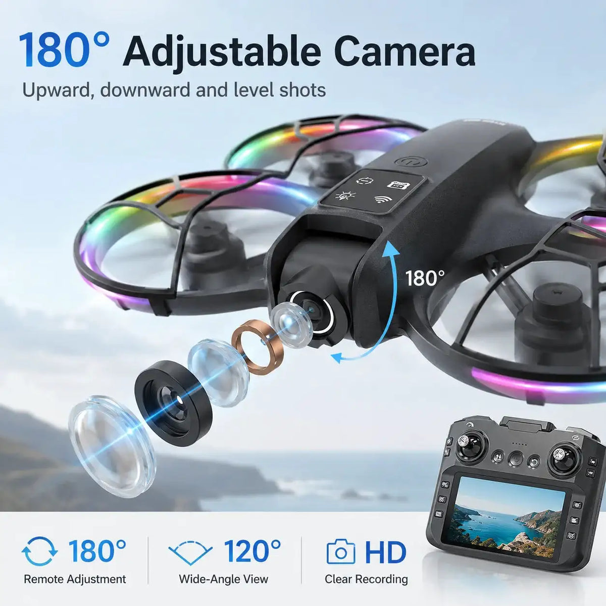 ZNLYRION K200MAX Full Protected Mini Drone With LCD Screen Remote 180 Electric Adjustable Camera Brushless Motor Optical Flow Hover RGB Colorful Light RC Quadcopter