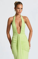 Mozision Deep V Neck Draped Maxi Dresses for Women Halter Backless Club Elegance