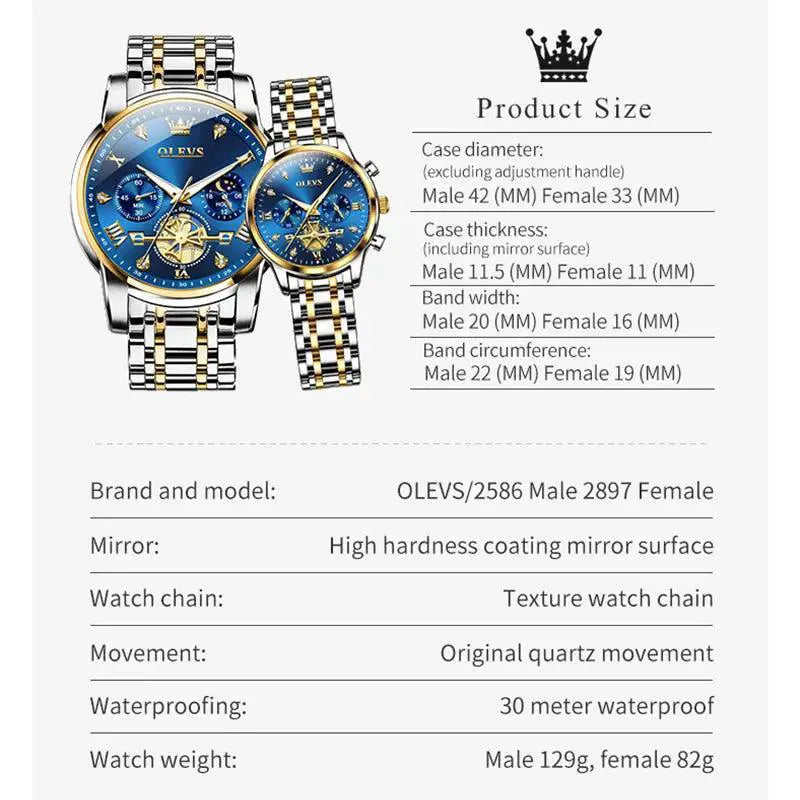 OLEVS Moon Phase Waterproof Couple Watches Timepieces