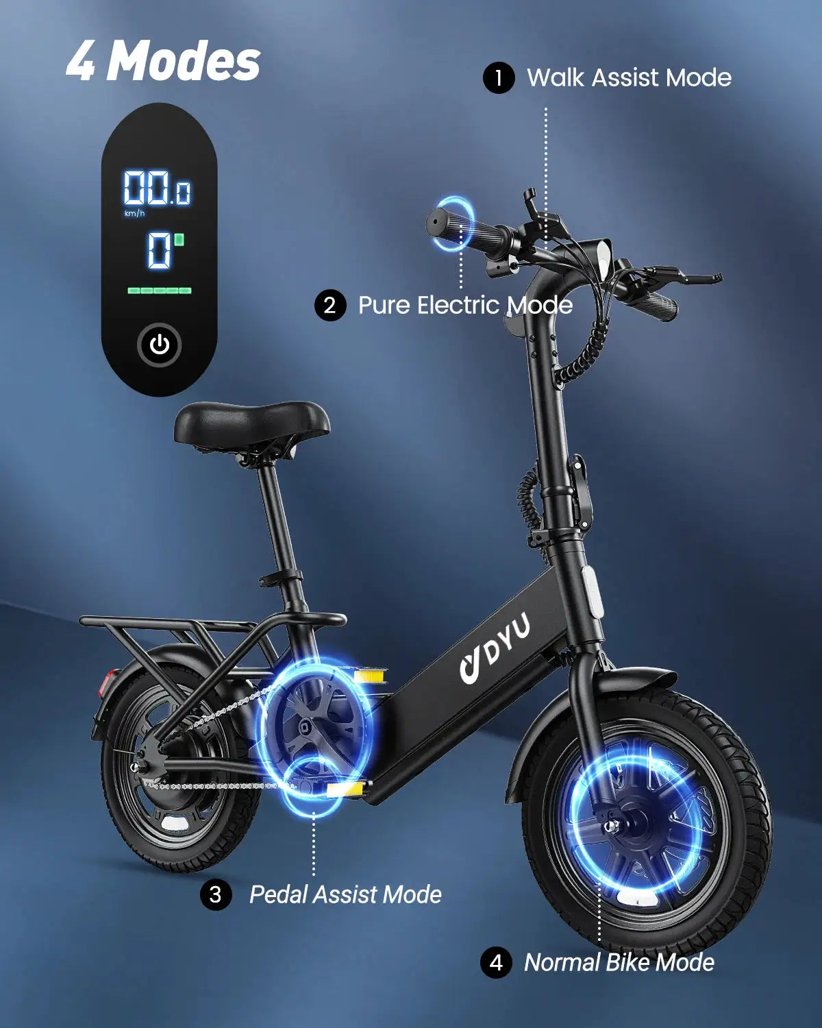 【1 Year Warranty】DYU C3 14 inch Folding Electric Bicycle Peak 500W Motor 280WH Battery Electric Bike,20mph City E-bike UL2849