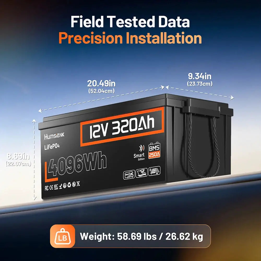 Humsienk 12V 314Ah/320AH LiFePO4 Battery, MAX 15000+ Cycles, Built-in 200A/250A BMS, Bluetooth Surveillance, Low-Temp Protection For RV, Van, Golf Cart, Boat, Camp, Marine, Trolling Motor, Off-Grid, Solar Energy Storage, 5-Ye