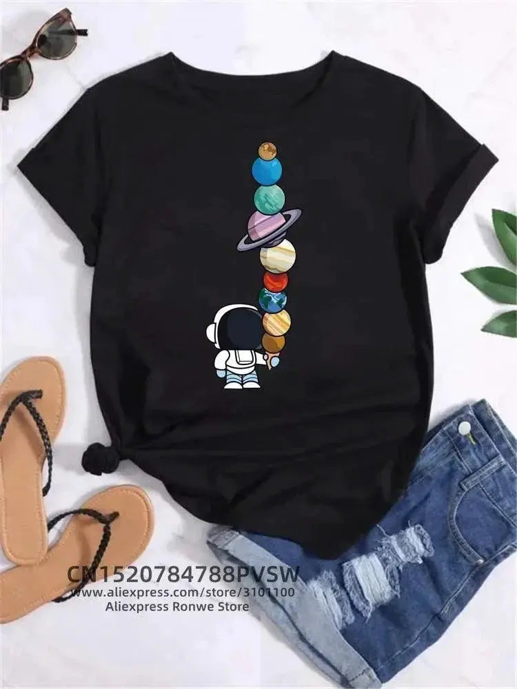 Cosmic Moon Planet Tee Whimsical Space Design Top Fashion