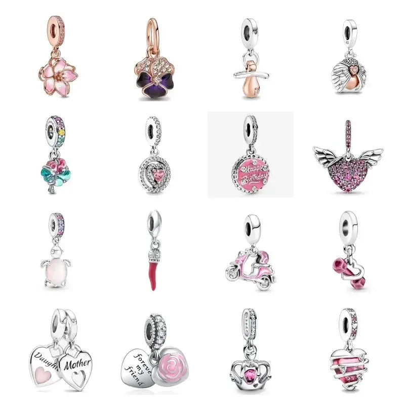Fashion Pink Pansy Flower Pendant Bead 925 Sterling Silver