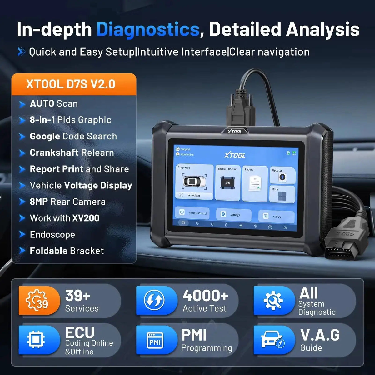 XTOOL D7S V2.0 OBD2 Scanner ECU Coding Car Scanner Bi-directional Automotive Tool Key Programmer 39+ Resets with CANFD DOIP FCA