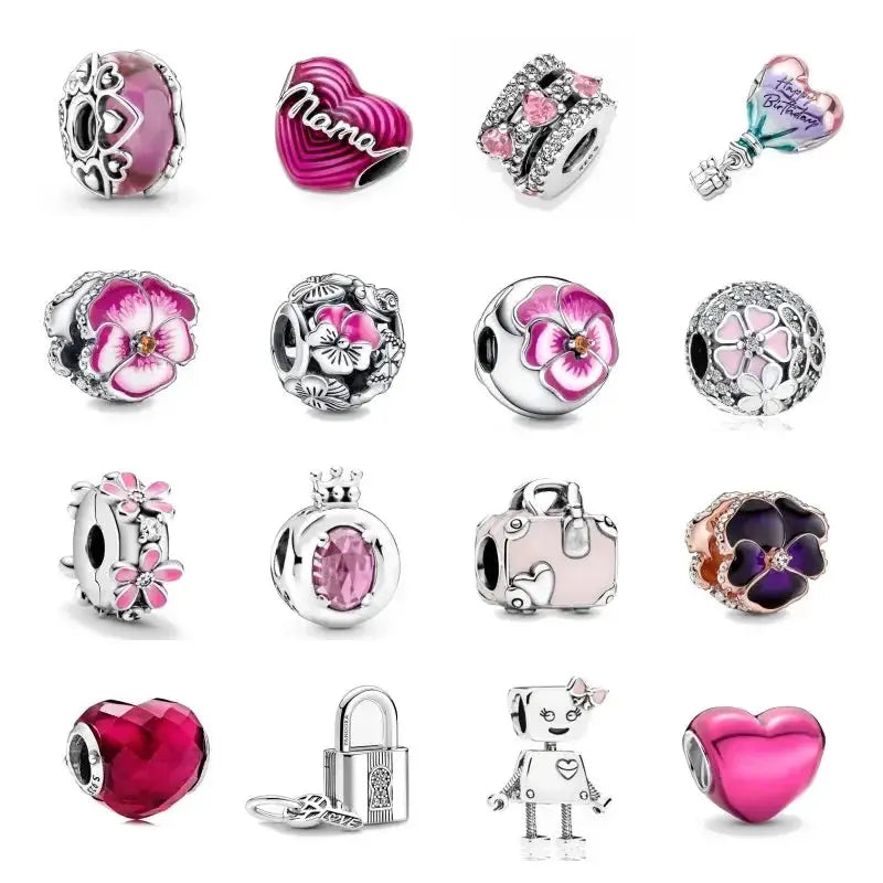 Fashion Pink Pansy Flower Pendant Bead 925 Sterling Silver