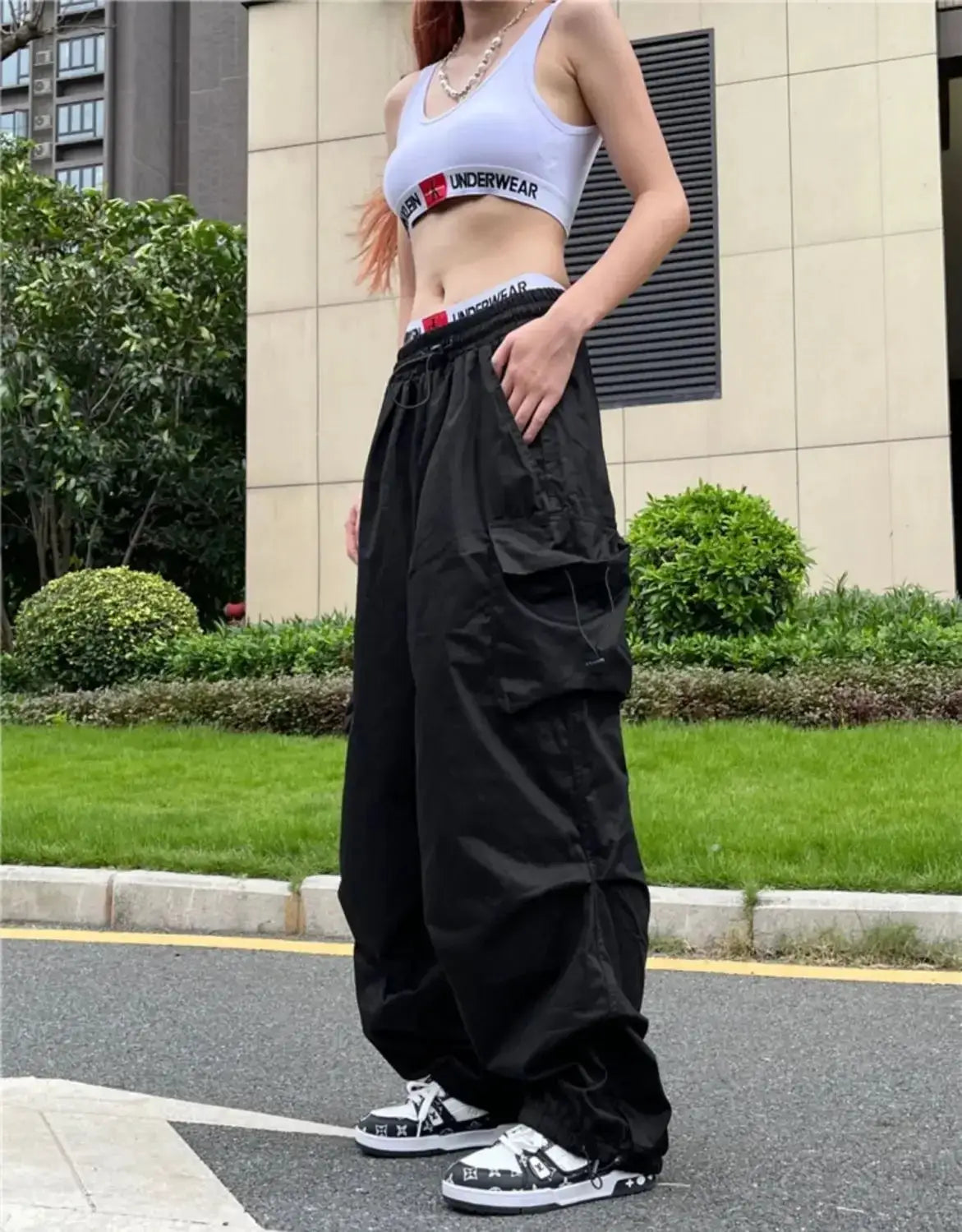 Y2K Parachute Black Cargo Trousers Women Hippie Streetwear