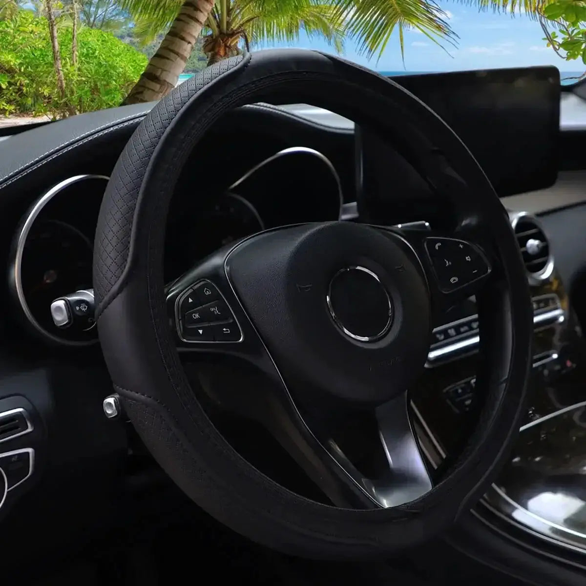Leather Embossed Steering Wheel Cover 14.5 to 15 Inches