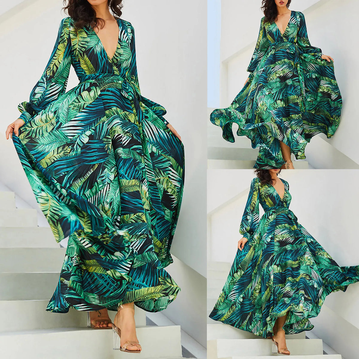 Green Leaf Backless Maxi Dress