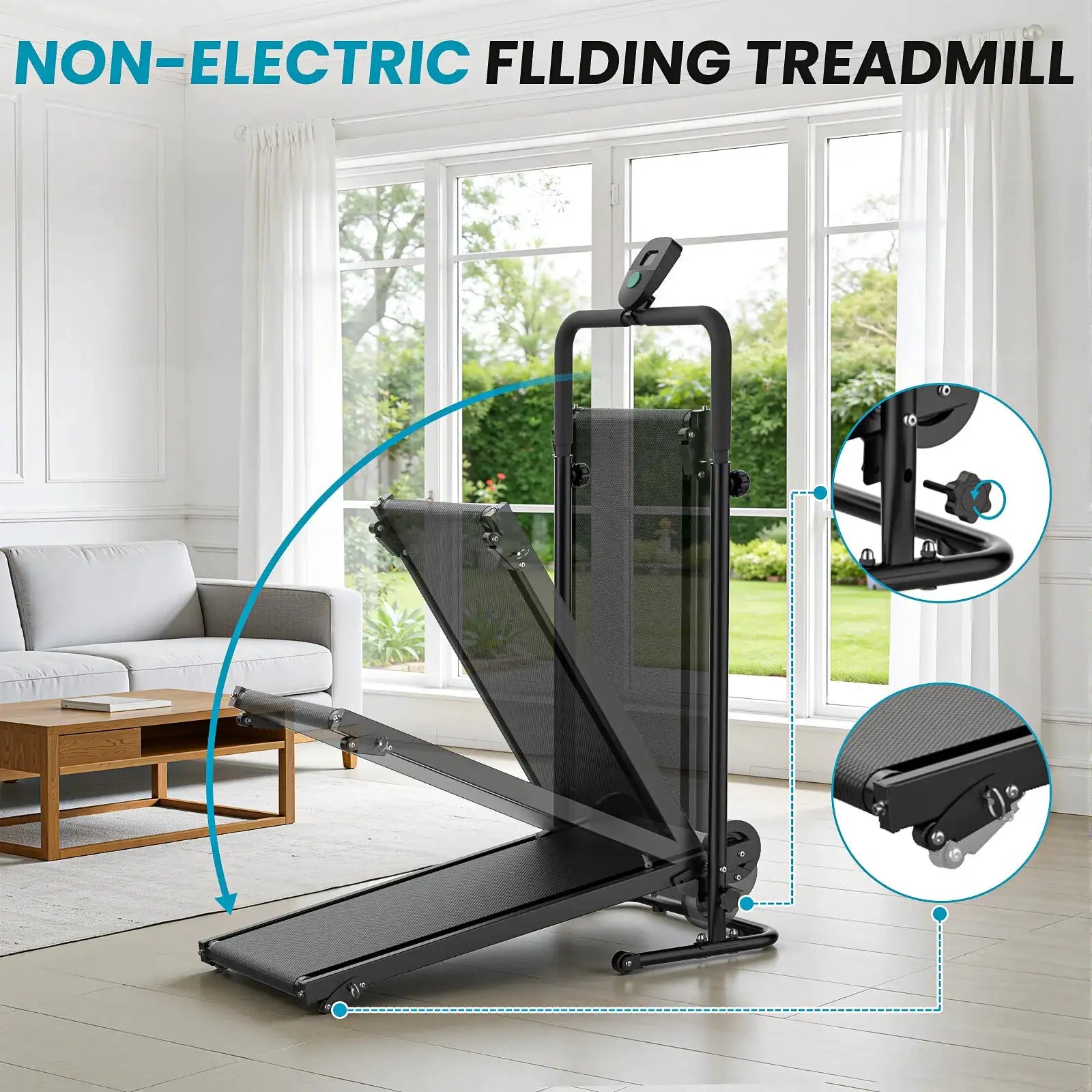 Akluer Non-Motorized Foldable Workout Treadmill - Dual Flywheel with Fixed Incline, LCD Monitor, Slip-Resistant Belt & Comfort Foam Grips for Small Home and Apartment Gym Use