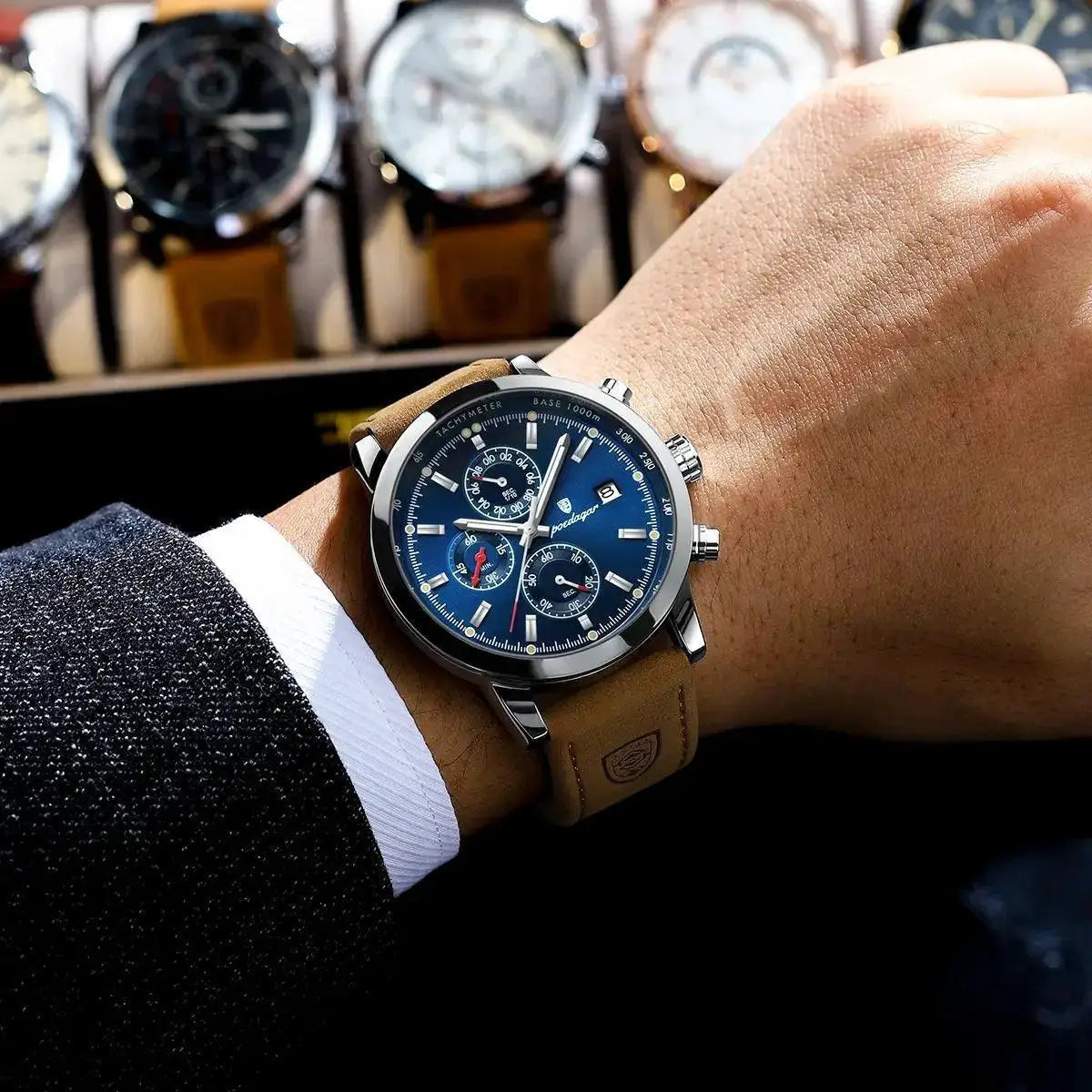 Poedagar Chronograph Watch Men's Waterproof Leather Strap