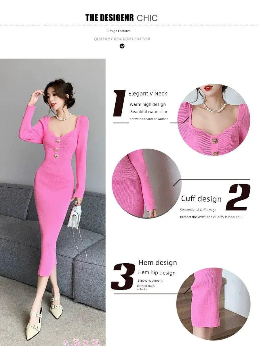 French Square Collar Knit Dress For Autumn Winter Style