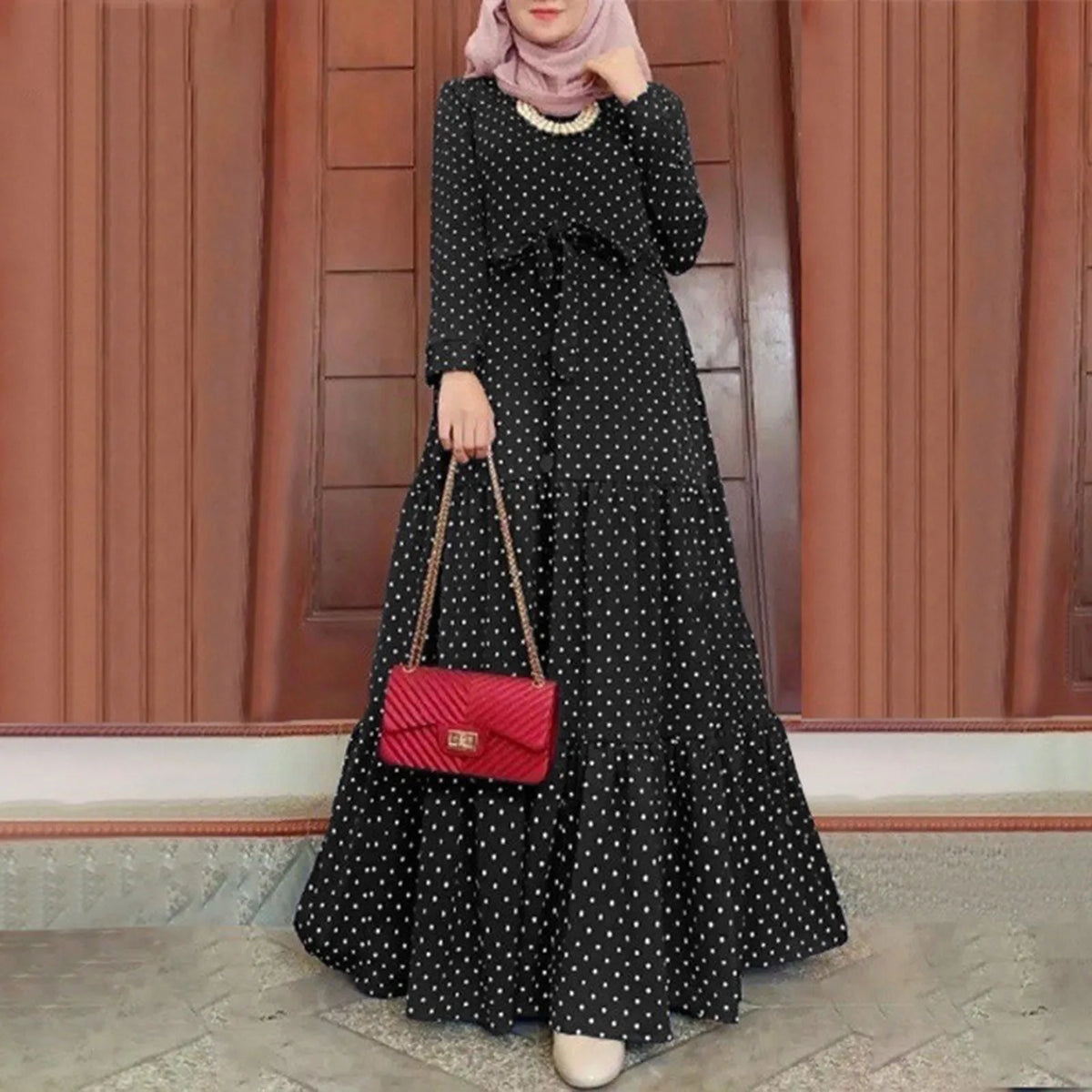 Belted Polka Dot Abaya Dress