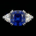 Royal Blue CZ Ring, Sterling , Three Stone Cushion Cut