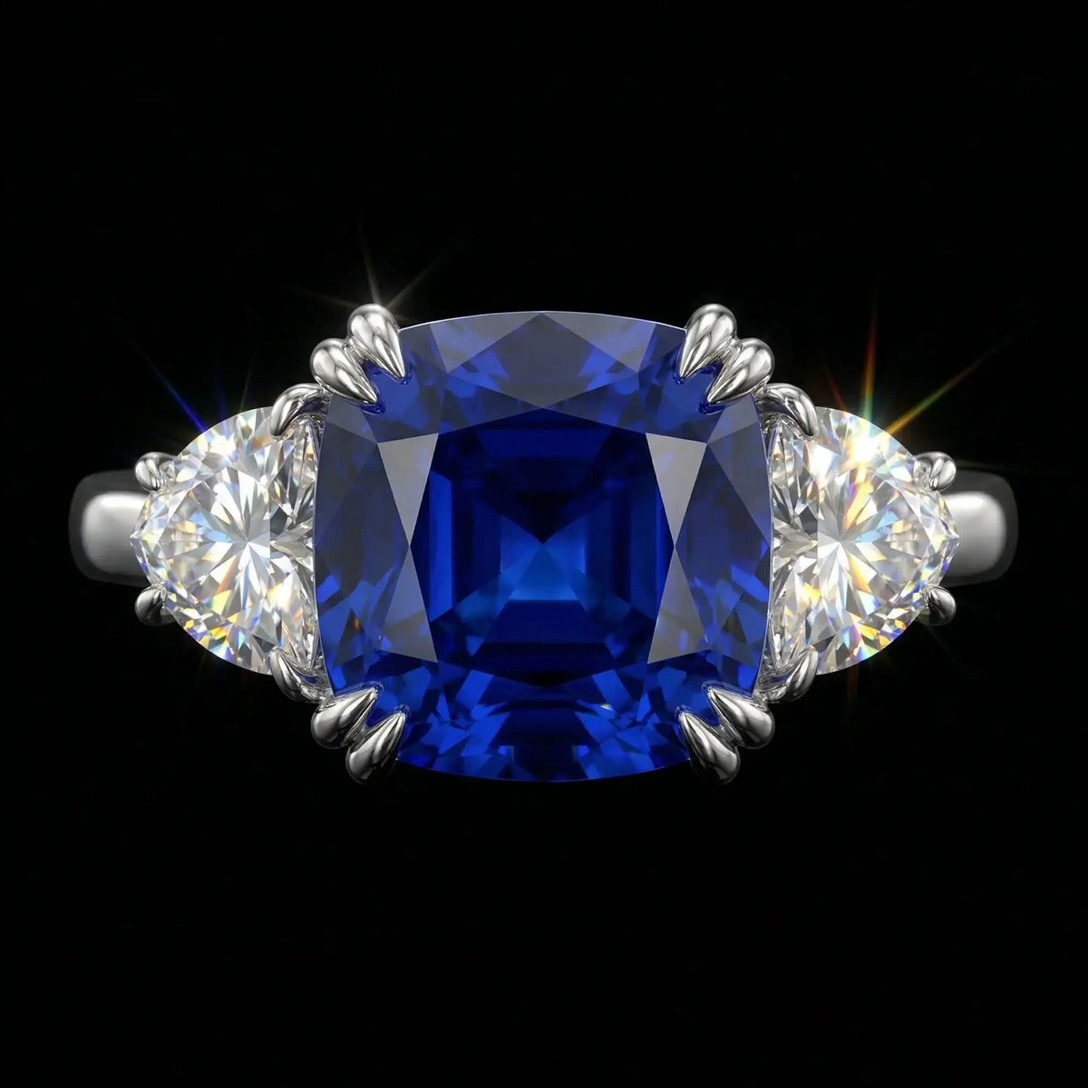 Royal Blue CZ Ring, Sterling , Three Stone Cushion Cut — product view 1
