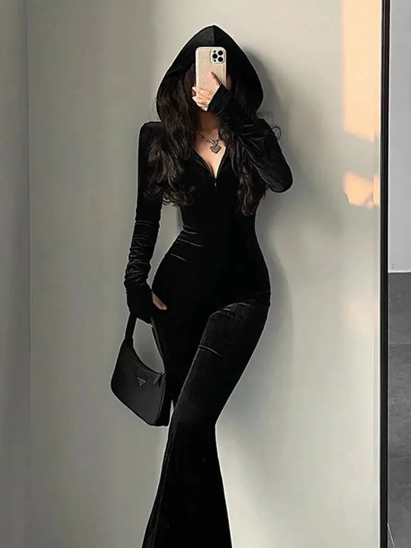 TVVOVVIN Black Velvet Hooded Jumpsuit Romper Elegant Style