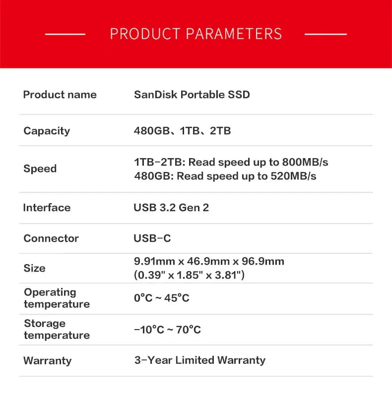 SanDisk Portable Solid State Drive USB 3.2 PSSD E30 Max 800Mb/s Hard Drive 480GB 1TB 2TB Original SSD for Laptop and Desktop