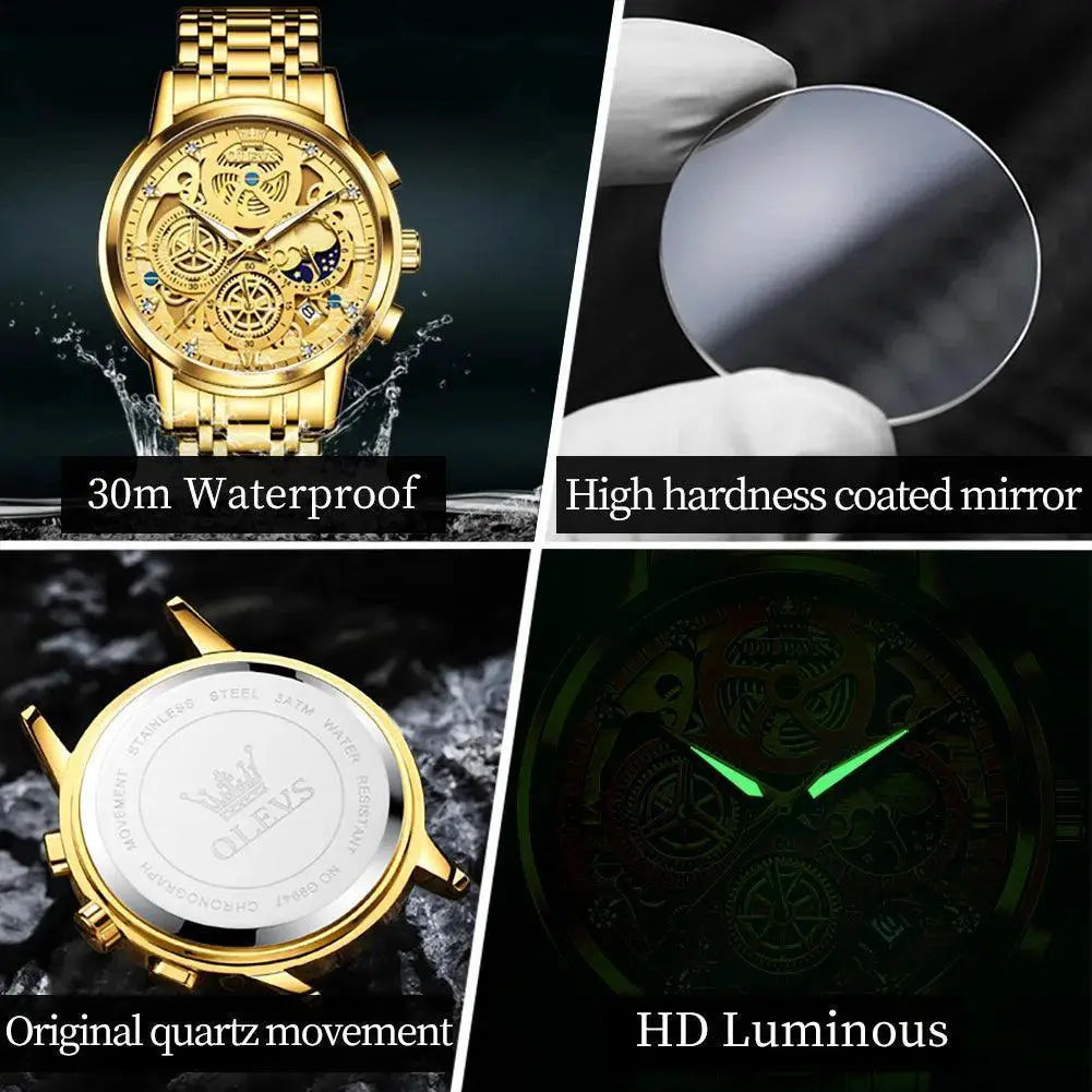 Elegant Gold Skeleton Watch Waterproof Timepiece for Men