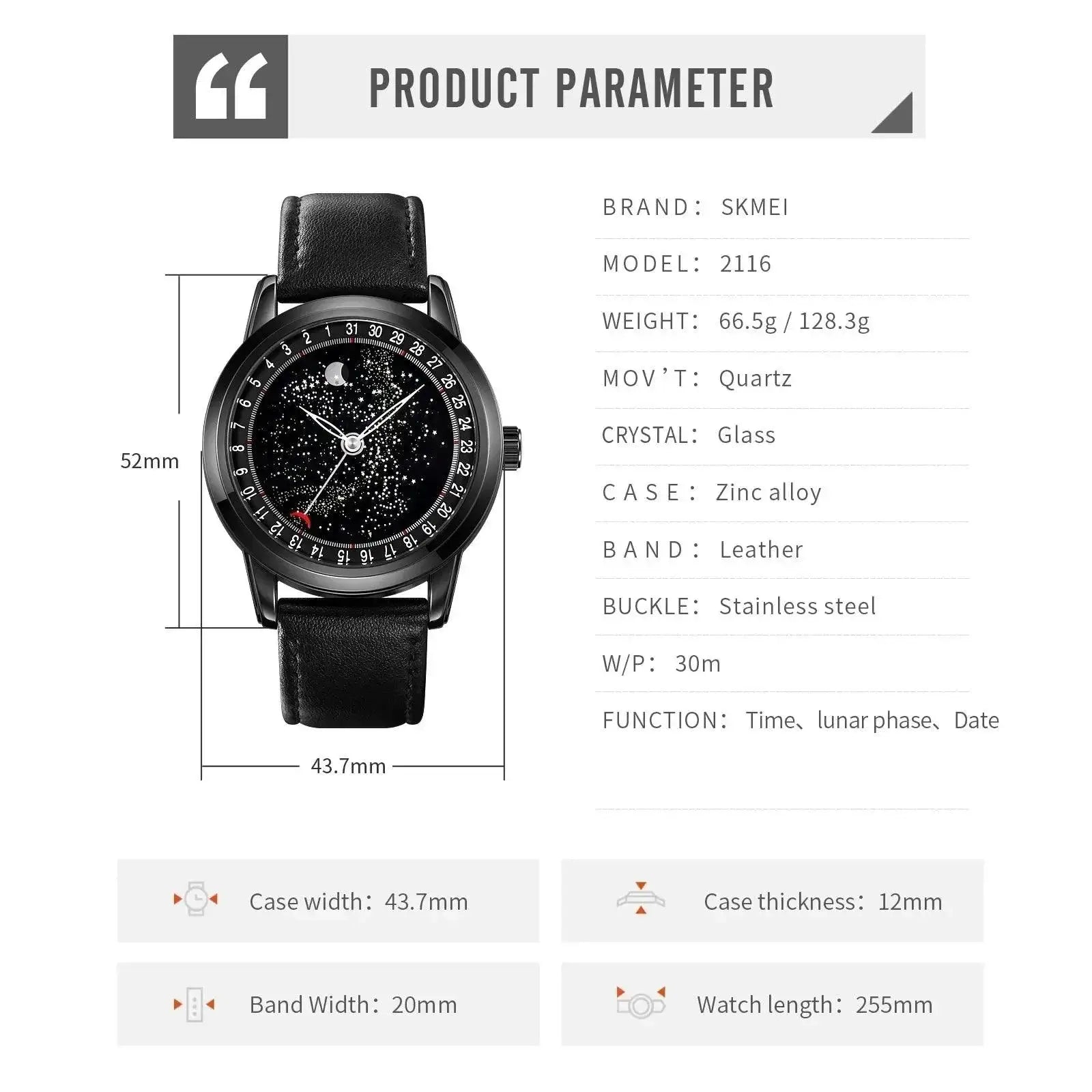SKMEI Moon Phase Leather Wristwatch Elegant Timepiece Design