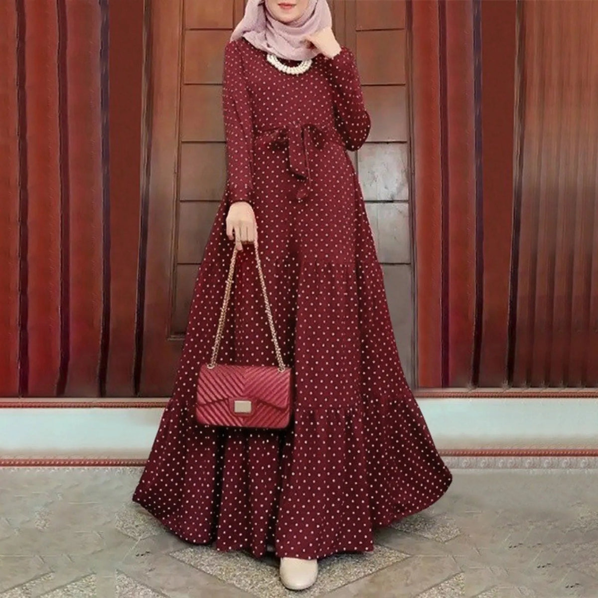 Belted Polka Dot Abaya Dress