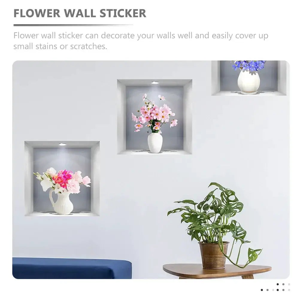 3D Window Flower Wall Sticker Vase Set 3 Pieces Decor
