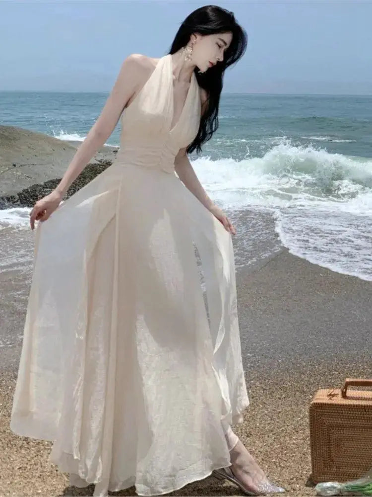 Elegant White Maxi Dress Halter Gown For Beach Wedding