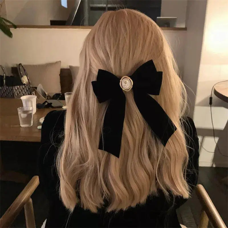 Velvet Bow Hair Pins With Alloy Rose Accents For Elegance