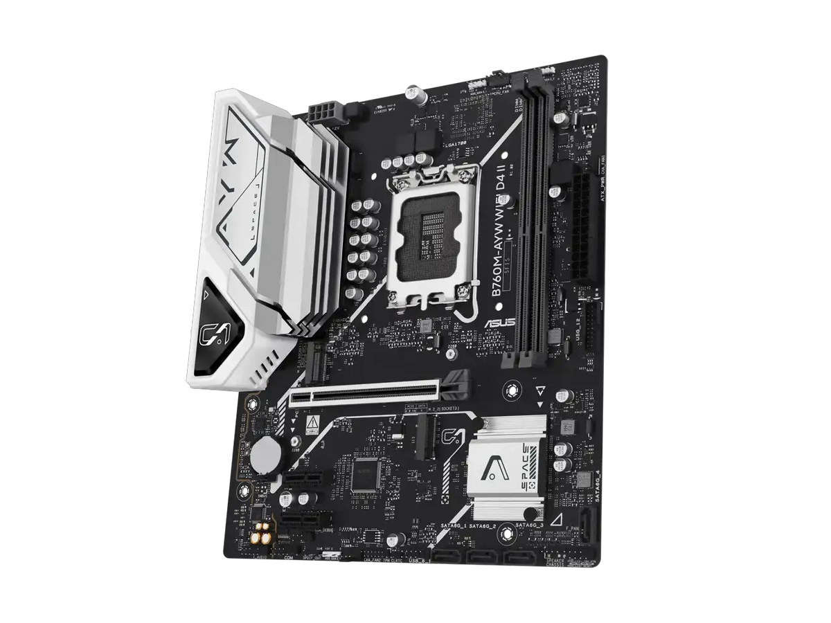 ASUS B760M-AYW WIFI D4 II Intel B760 (LGA 1700) microATX mATX motherboard, PCIe 5.0 x16 Support, two M.2 slots, DDR4, Realtek 2.5Gb Ethernet, Wi-Fi 6, HDMI, SATA 6 Gbps, front USB 5Gbps, Aura Sync
