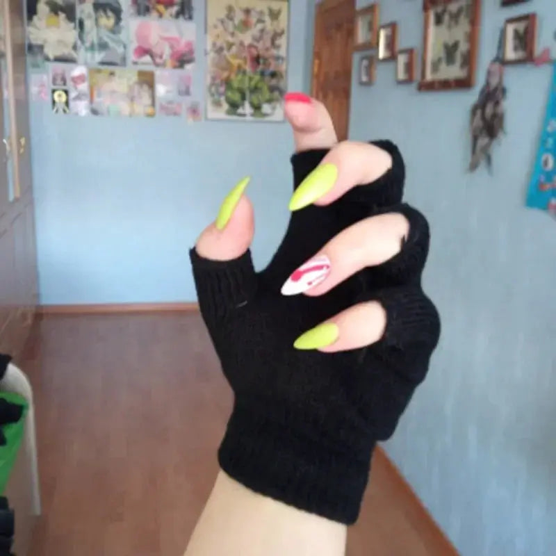 Black Short Half Finger Fingerless Knit Wrist Gloves 1 Pair