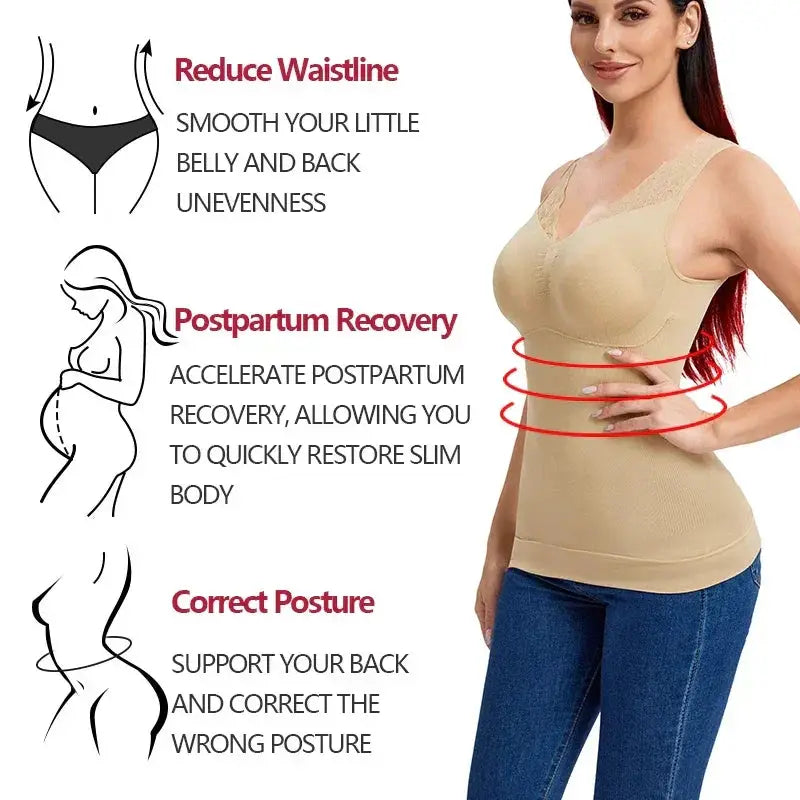 Seamless Lace Built In Bra Tank Top For Tummy Control