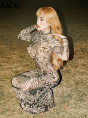 Kliou Mesh Vintage Prints Maxi Dress Women Sheer Long Sleeve Bodycon Party Dress