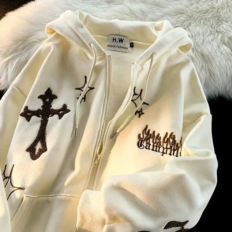 Harajuku Embroidery Hoodie Women Oversized Zip Up Sweatshirt
