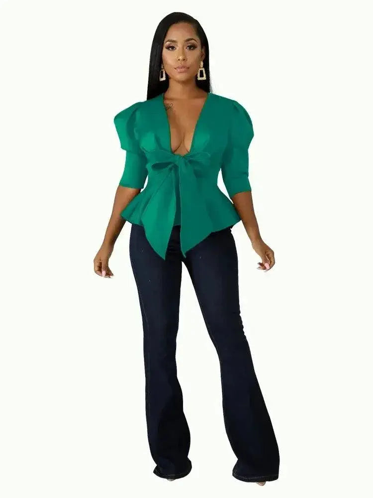 Chic Bowtie Peplum Blouse For Elegant Clubwear Party