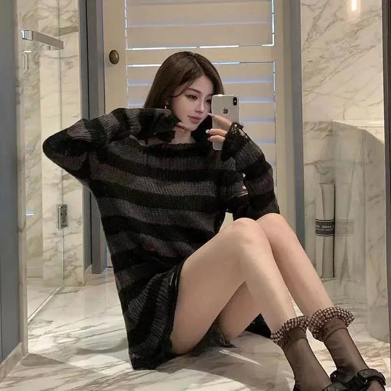 Gothic Striped Sweater Edgy Punk Style For Women Trendy