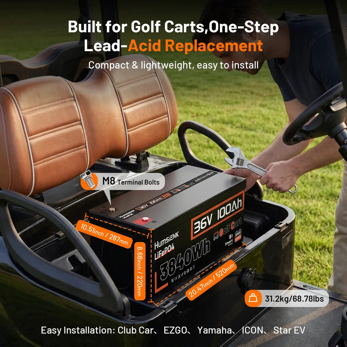 Humsienk 36V 100Ah LiFePO4 Battery Designed For Golf Cart Capacity,Trolling Motor, RV, Capacity 3840Wh Built-in Bluetooth Monitor & 200A BMS With 5-Year Warranty/ UL 1973