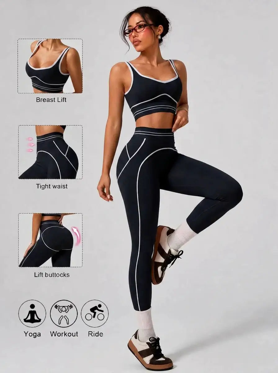 Contrast Trim Activewear Set Women Crop Tank Top High Rise Tummy Control Leggings Two Piece Sport Fitness Outfit