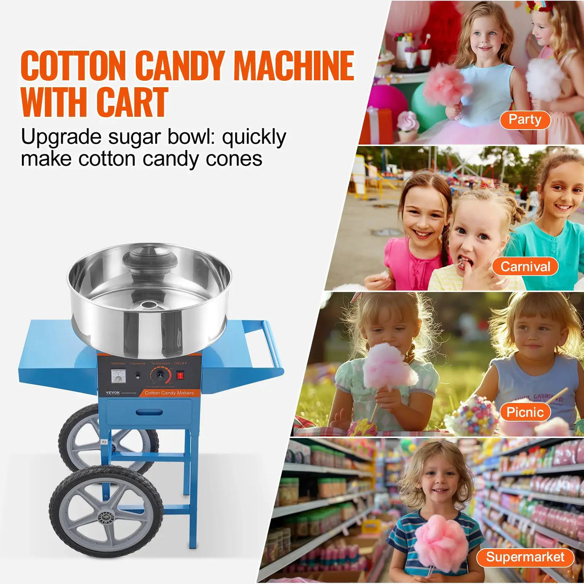 SucceBuy Electric Cotton Candy Machine with Cart Commercial Candy Floss — product view 6