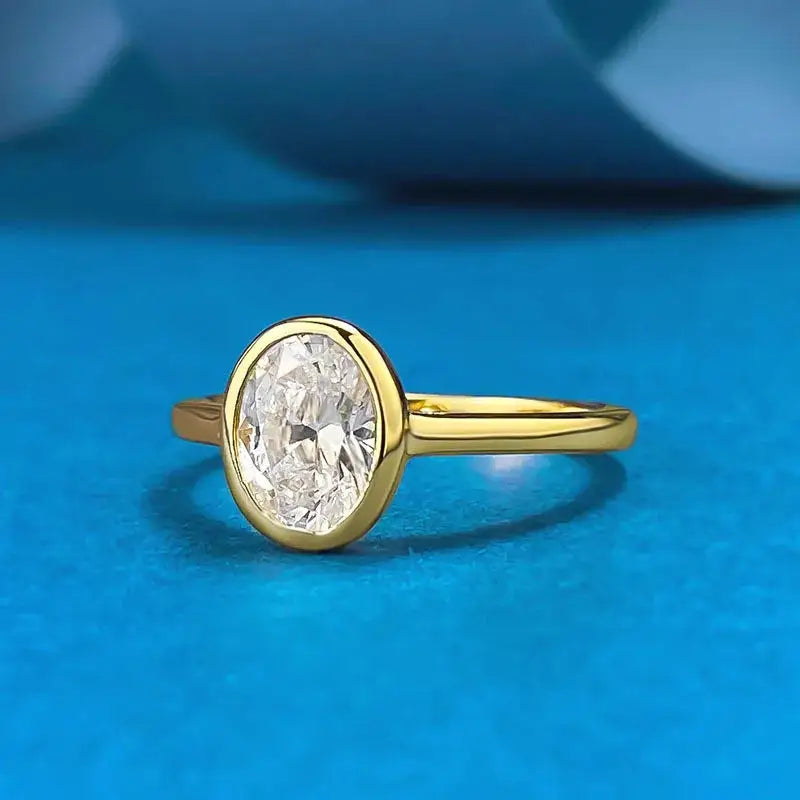 Classic Oval Moissanite Ring Gold Plated 925 Silver Bezel Set Promise Ring for Bridal Wedding