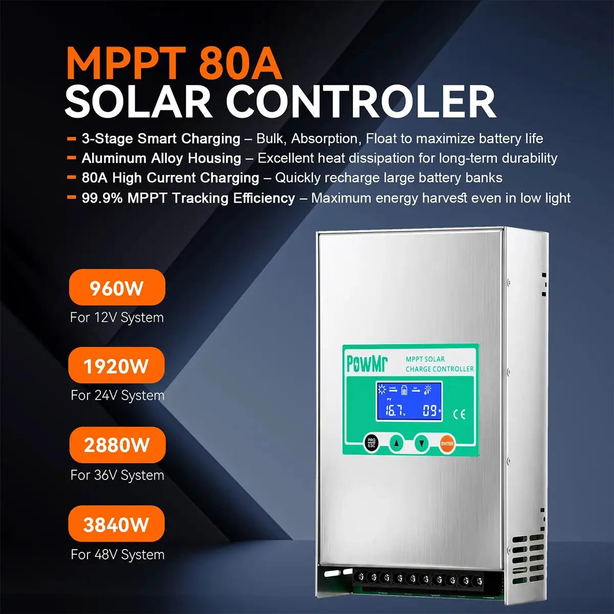 PowMr MPPT Solar Charge Controller 60A/80A/100A 12V/24V/36V/48V Auto 150V PV Input 99% Tracking Efficiency with LCD Display 3-Stage Charging for Lead-Acid Lithium Off-Grid Solar System