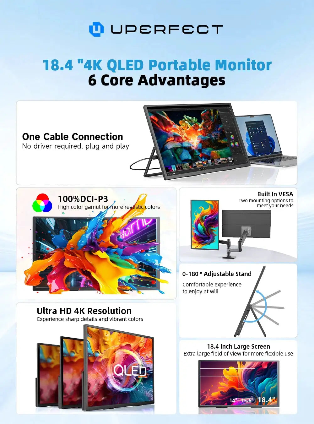 UPERFECT 18.4 inch 4K QLED Portable Monitor Gaming Computer Display Ultra-Slim Extend Screen For PS5/4 Switch Laptop PC Mac Xbox