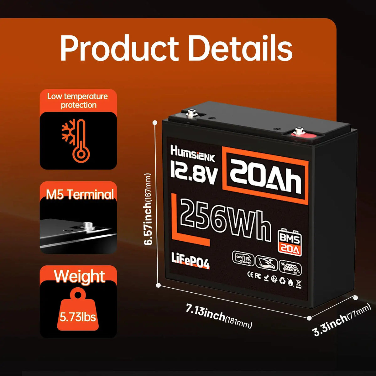 Humsienk LiFePO4 Battery Packs 12V 20Ah Grade A+ cells Low Tem Protection Lightweight Portable For Home Energy Storage