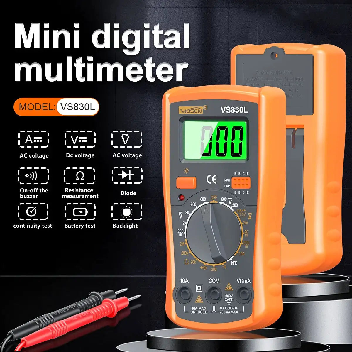 Digital Multimeter Manual Type AC/DC Voltage Current Tester Ohm Ammeter Detector Tool Backlit Screen 1999 Counts with Support