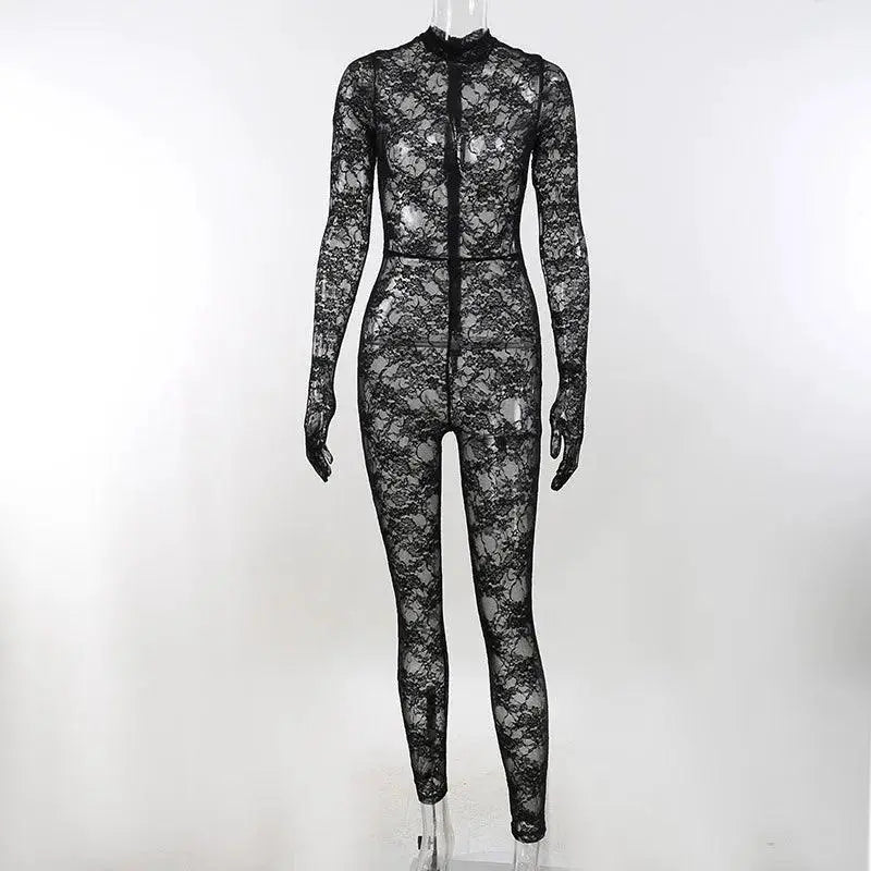 Sultry Lace Mesh Bodysuit With Gloves For Night Out