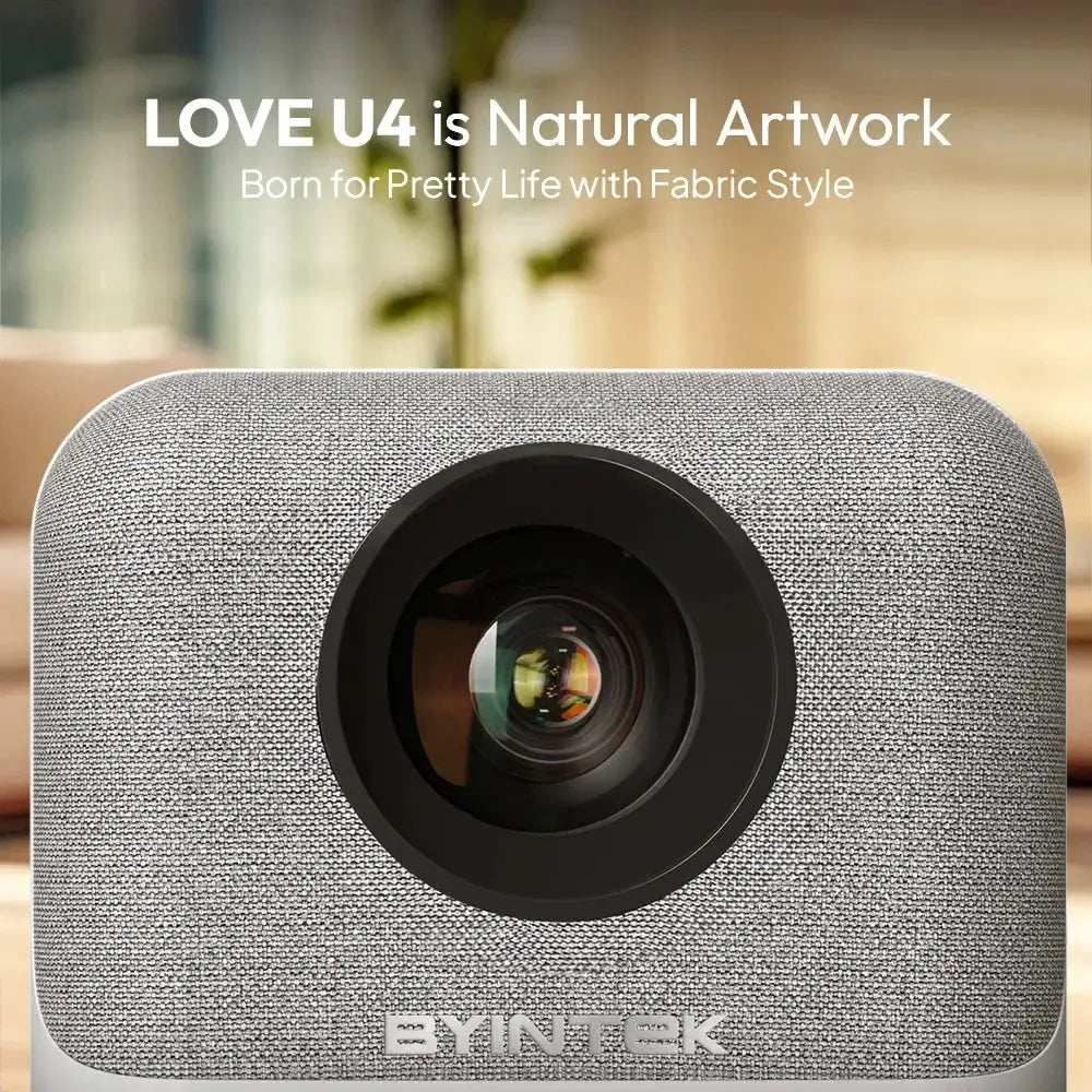 Byintek LOVE U4 fabric-style projector in modern home, lifestyle tech at OurLum.com