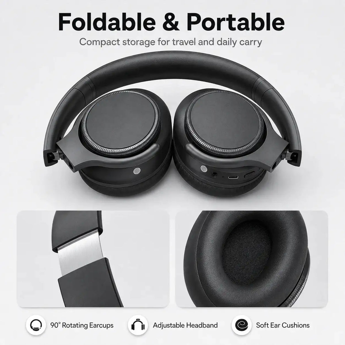 ANC Headphones Bluetooth 6.0 Over-Ear Wireless Headset Rotary volume 40mm Driver 50H Playtime Type-C AUX 3.5mm Lightweight