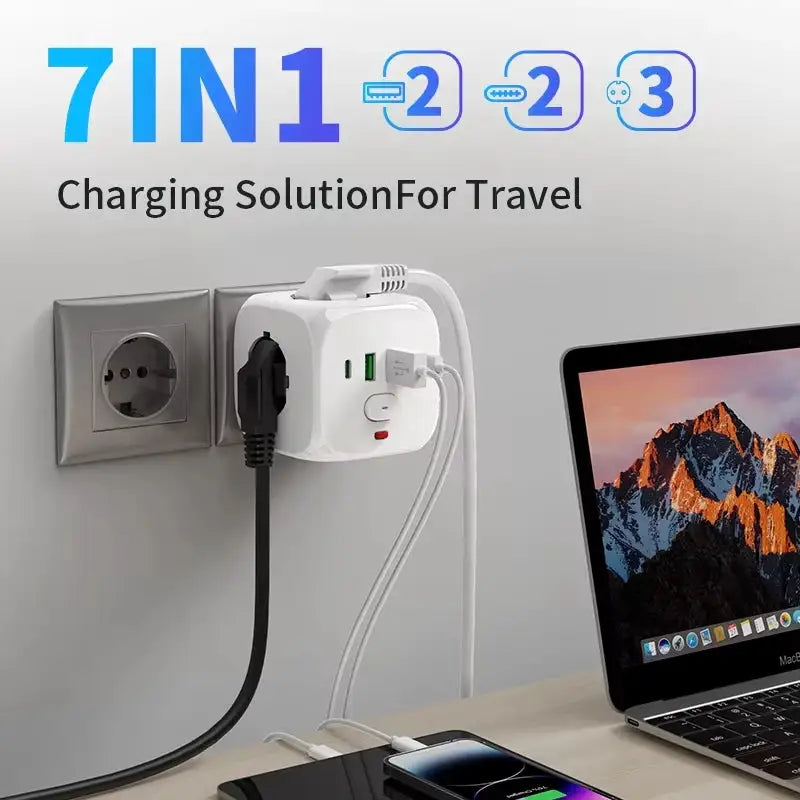1 7-in-1 EU power strip, power strip surge protector with 3 AC Outlets 2 USB Ports And 2Type C, Cube Socket for Home